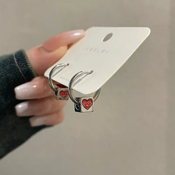 Daiiibabyyy Korean Fashion Y2K Aesthetic Red Heart Square Block Hoop Earrings For Women Gothic Charms Punk Hip Hop EMO Jewelry Accessories